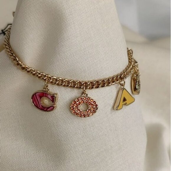 COACH Bracelet Signature Charm Pave Crystal Enamel Colorful Gold Tone NEW - Picture 6 of 12